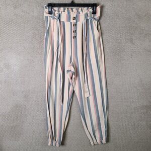 American Eagle Pants Women S Beige Pink Blue Stripe Paperbag Waist Jogger Belted